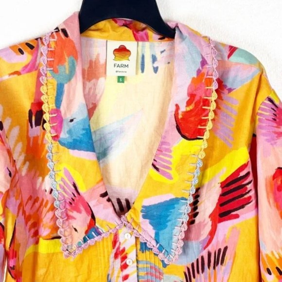 FARM RIO Macaws Bird Print Puff Sleeves Embroidered Multicolored Trim Crop Top - Picture 6 of 8